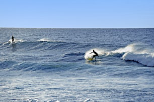 Surffaajia ratsastamassa aalloilla sinisessä meressä