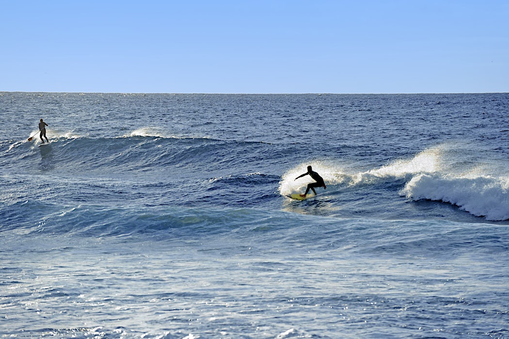 Surffaajia ratsastamassa aalloilla sinisessä meressä
